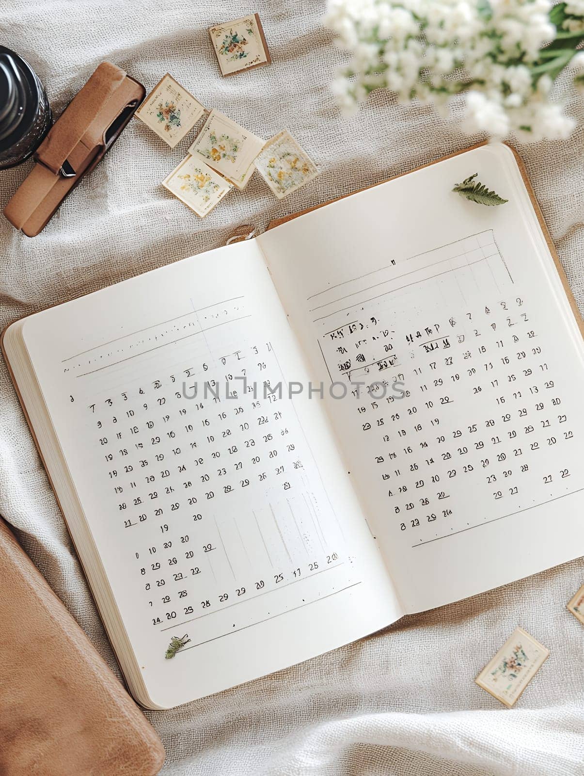 Open calendar with vintage floral decorations on a textured fabric background, creating a rustic atmosphere.