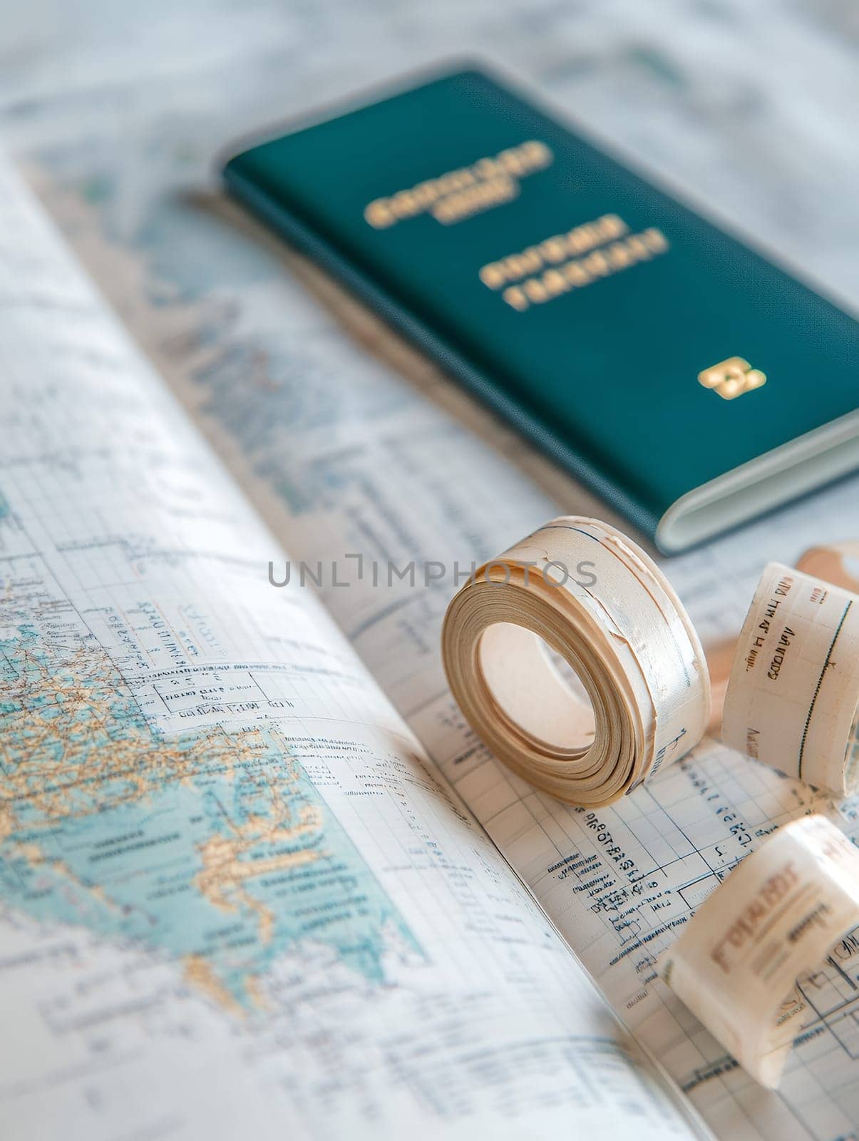 Passport and map with travel-themed accessories, perfect for planning adventures and journeys.
