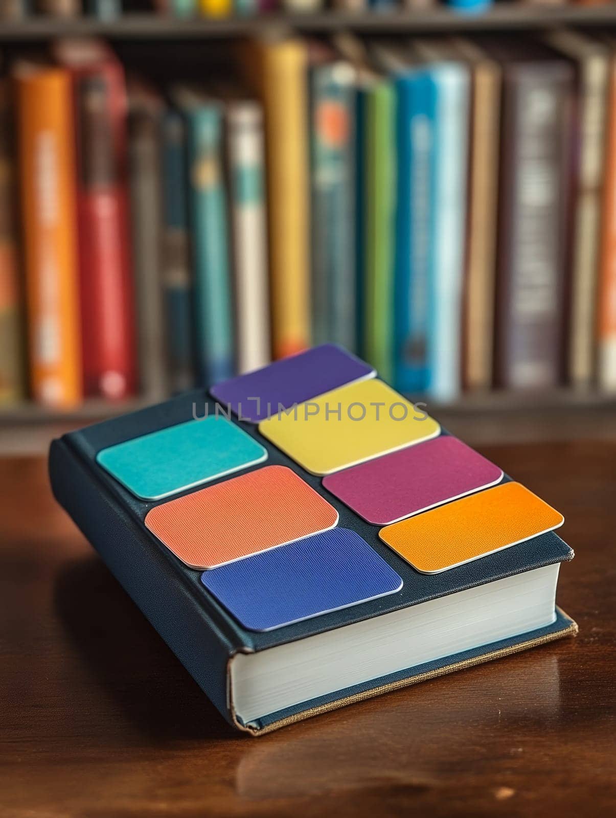 A book adorned with colorful sticky notes against a blurred bookshelf background, ideal for organization and creativity.