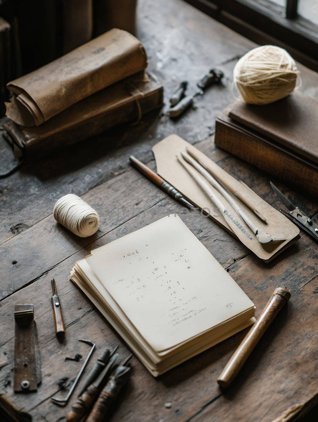 An antique desk with writing tools and old books, evoking a sense of history and craftsmanship.