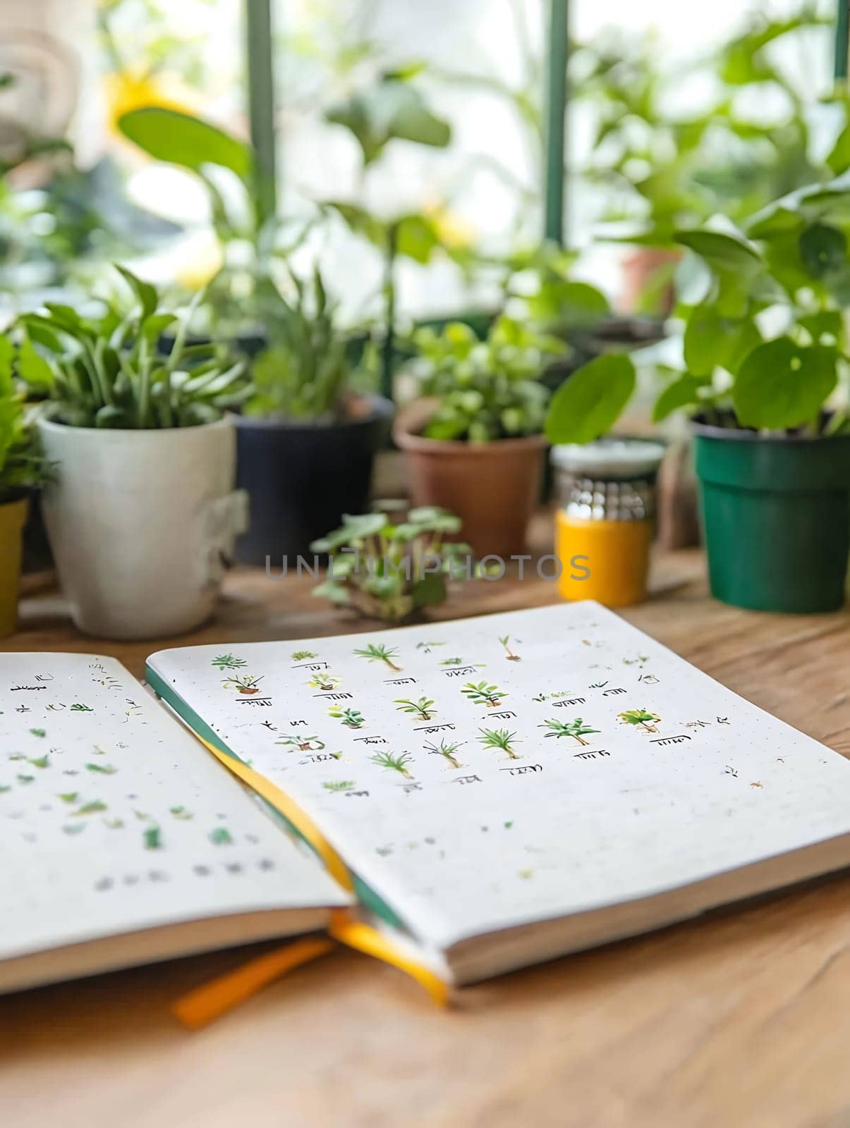 Open botanical journals surrounded by lush indoor plants, perfect for gardening and nature enthusiasts.