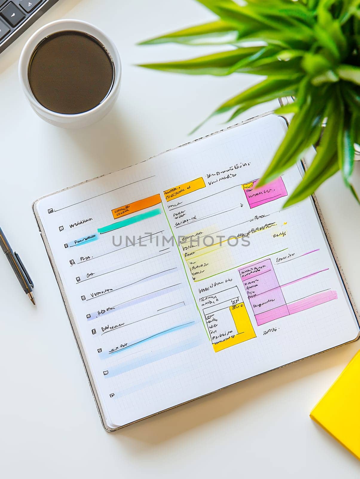 Daily planner with colorful notes and a coffee cup on a white desk, ideal for organizing tasks.