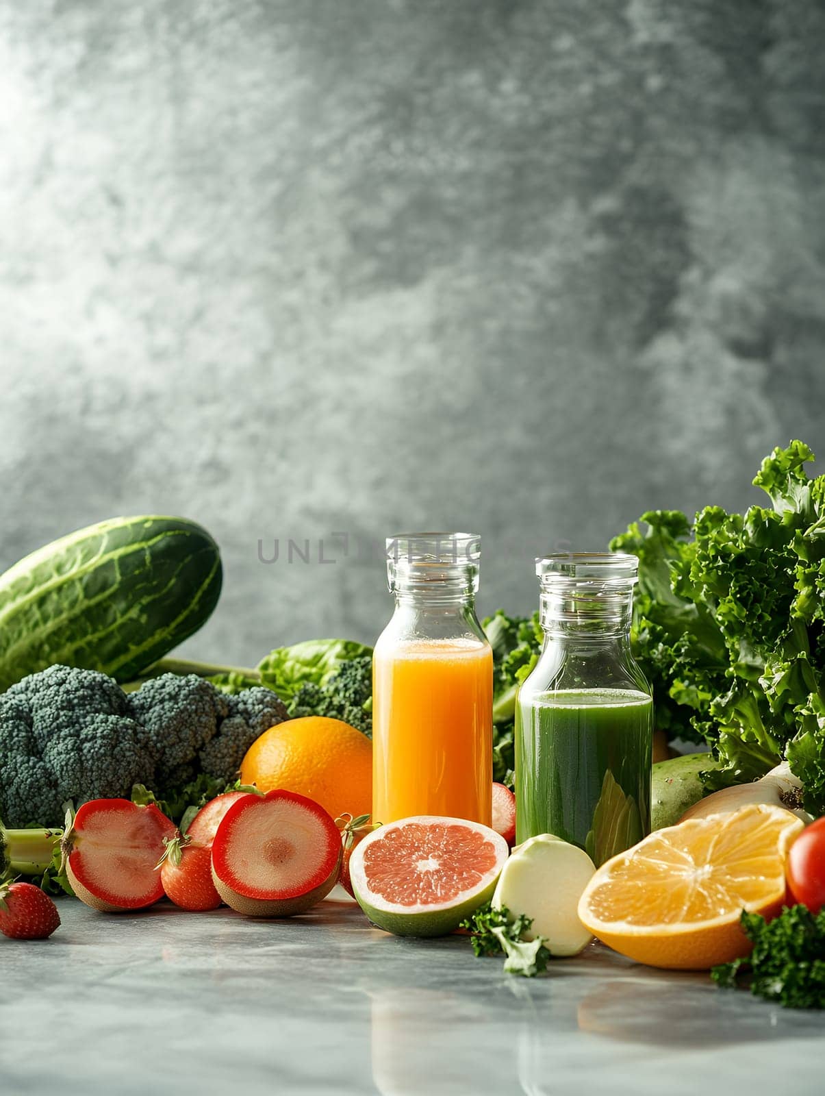 Fresh juices in bottles surrounded by a variety of vegetables and fruits, highlighting health and nutrition.