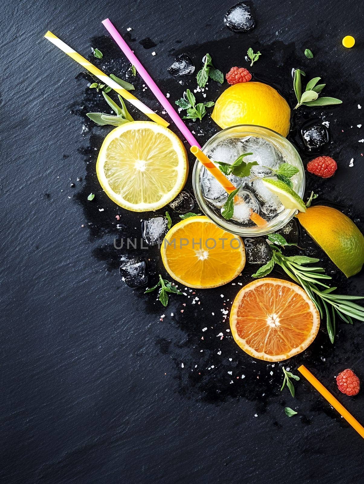 A refreshing citrus cocktail with ice, garnished with mint and colorful straws, perfect for summer.