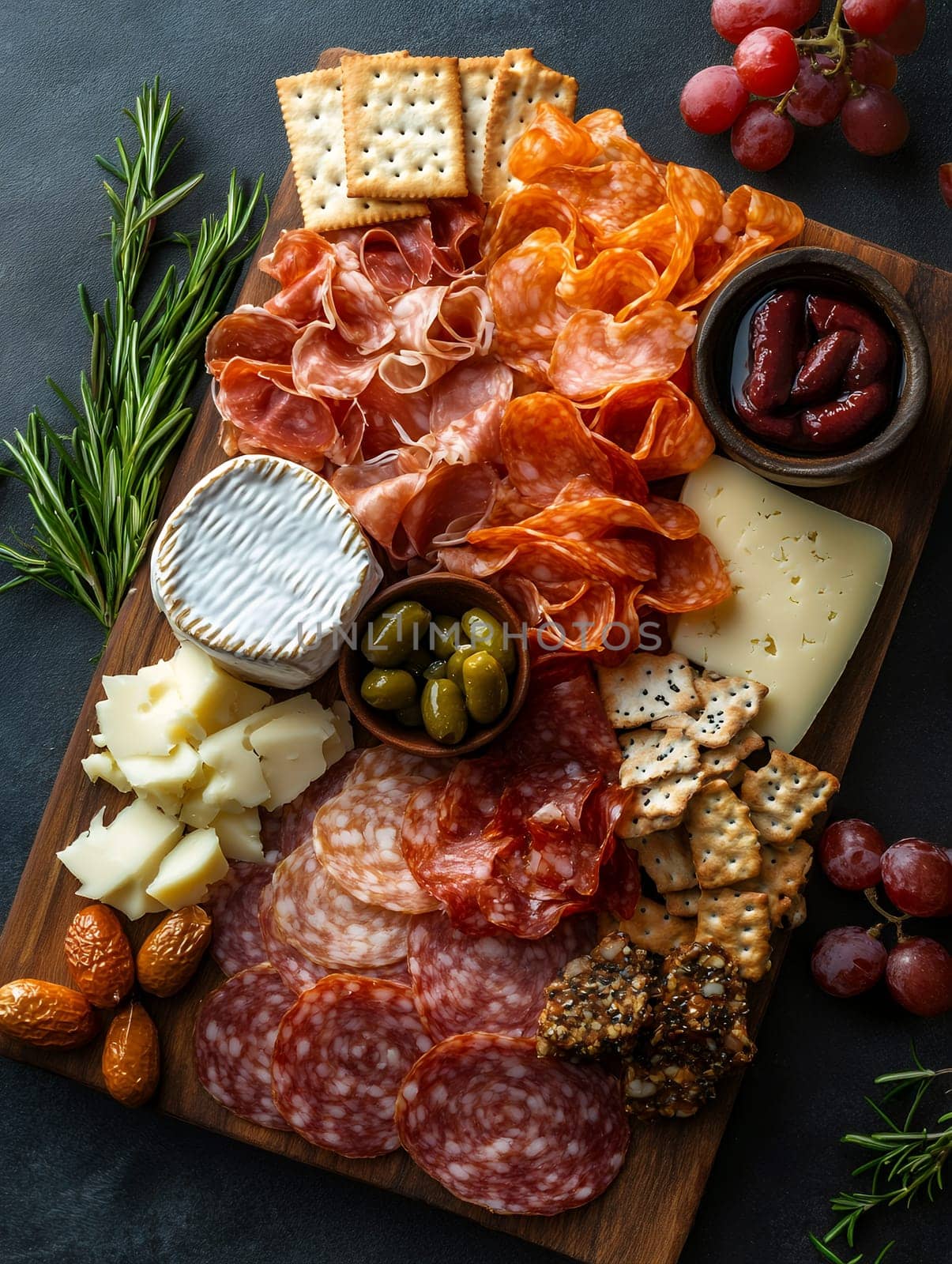 A gourmet charcuterie board with assorted meats, cheeses, crackers, and fruits, perfect for gatherings and parties.