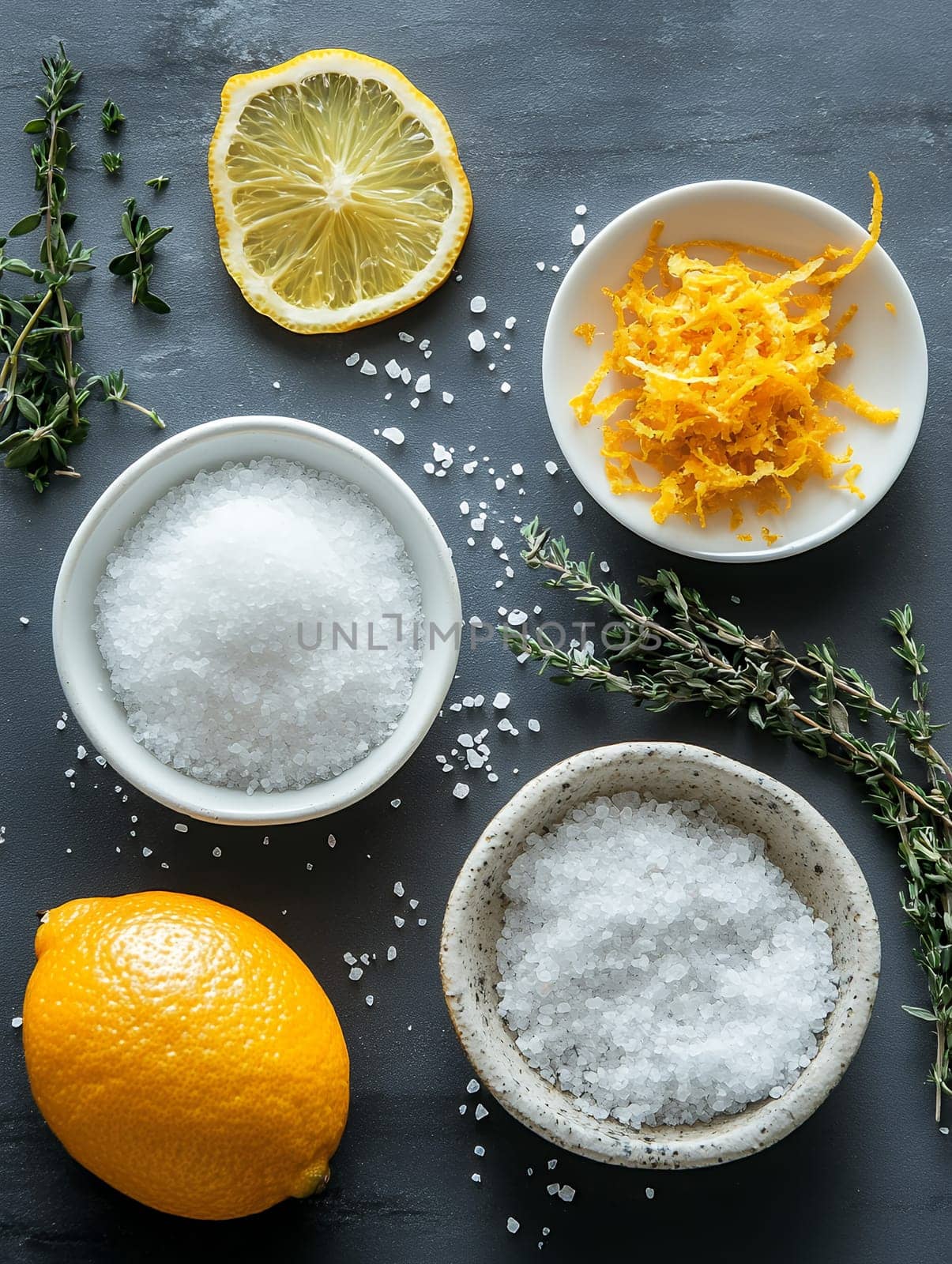 Fresh lemon, salt, and herbs arranged on a dark surface, ideal for culinary seasoning and recipes.