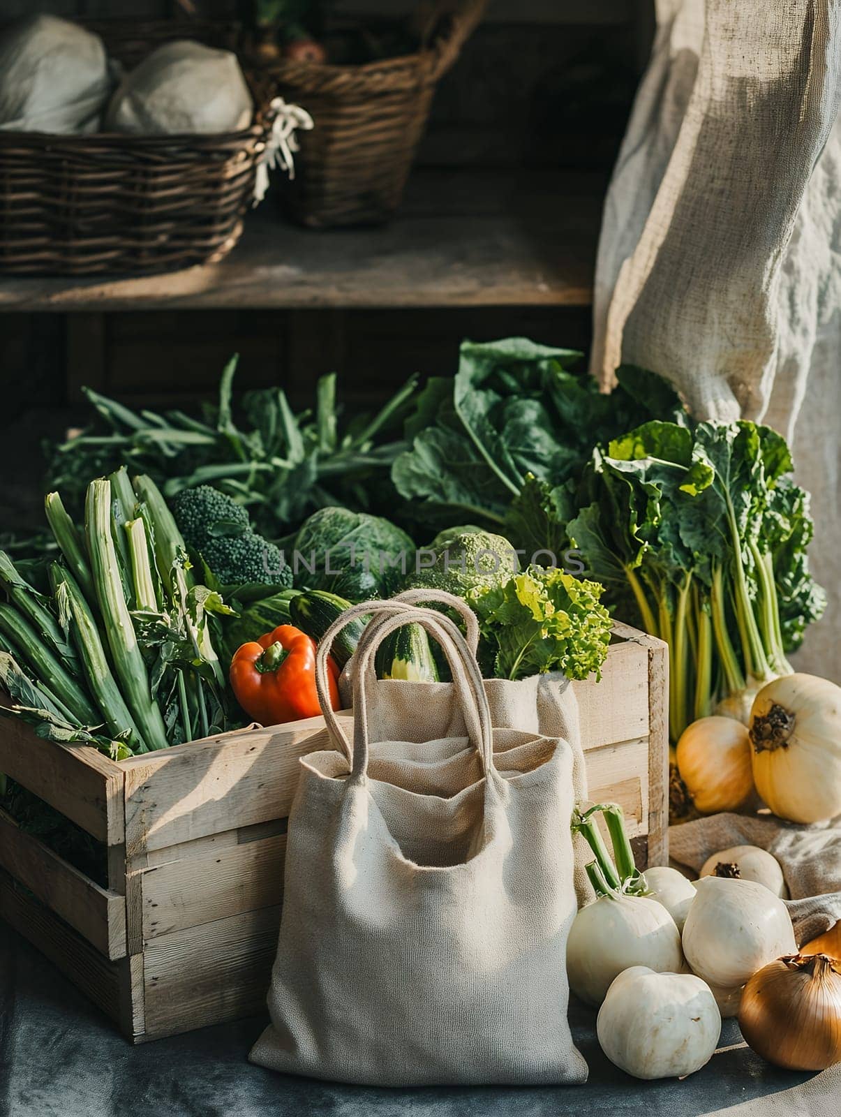 A variety of fresh vegetables in a wooden crate with a cloth bag, showcasing a rustic market atmosphere.