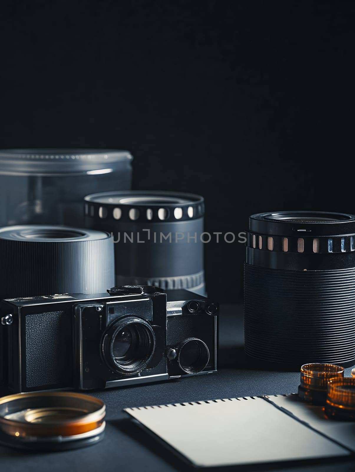 A collection of vintage camera equipment and film rolls on a dark background, evoking nostalgia.