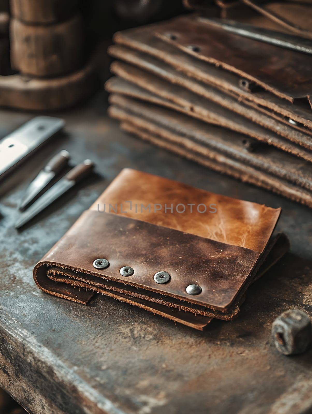 A handcrafted leather wallet displayed on a workbench, showcasing the art of leatherworking and craftsmanship.