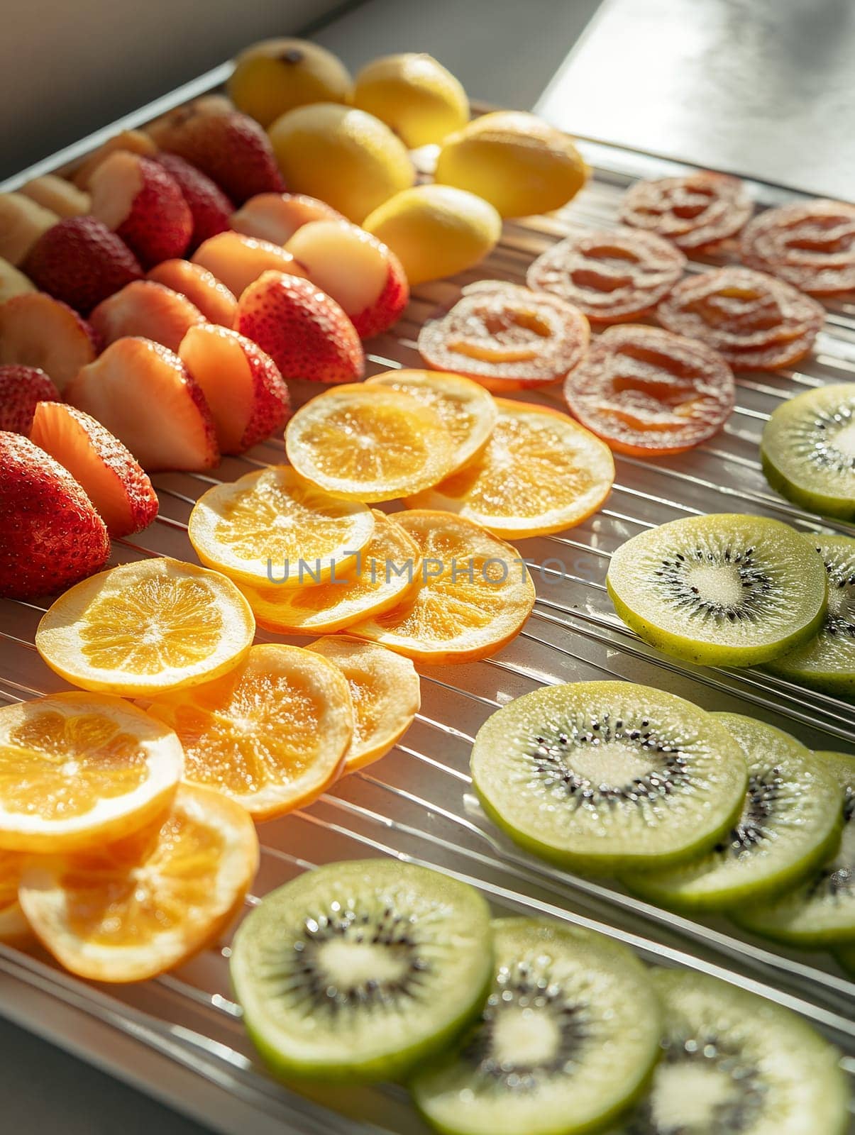 An array of sliced fruits including oranges, kiwis, and strawberries, displayed in bright sunlight.