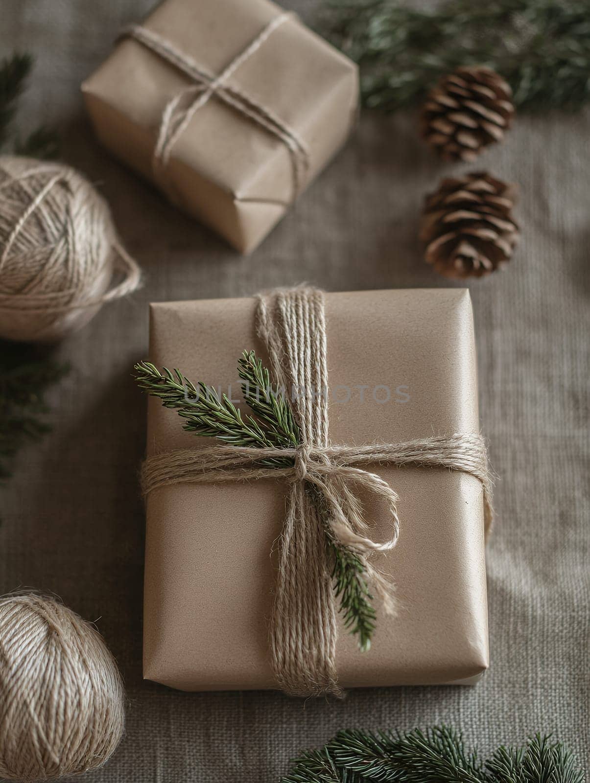 Rustic gift boxes wrapped with twine and decorated with pine sprigs, creating an eco-friendly and natural presentation.