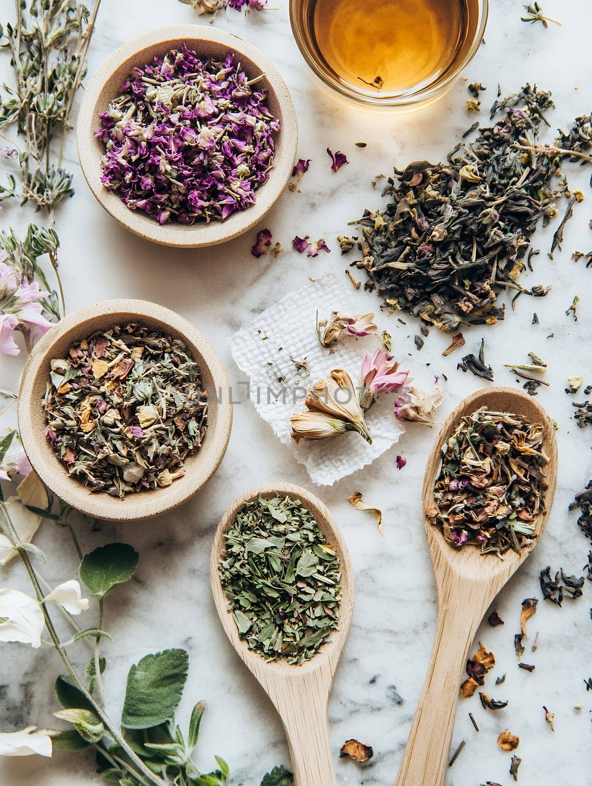 Assorted dried herbs and flowers with a cup of tea, perfect for brewing herbal infusions.