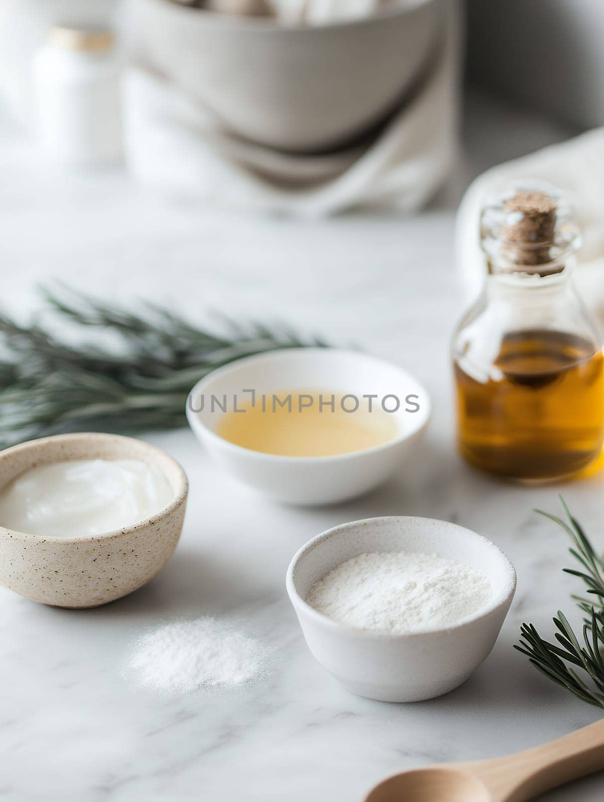 A selection of natural skincare ingredients displayed on a marble surface, showcasing beauty and wellness.