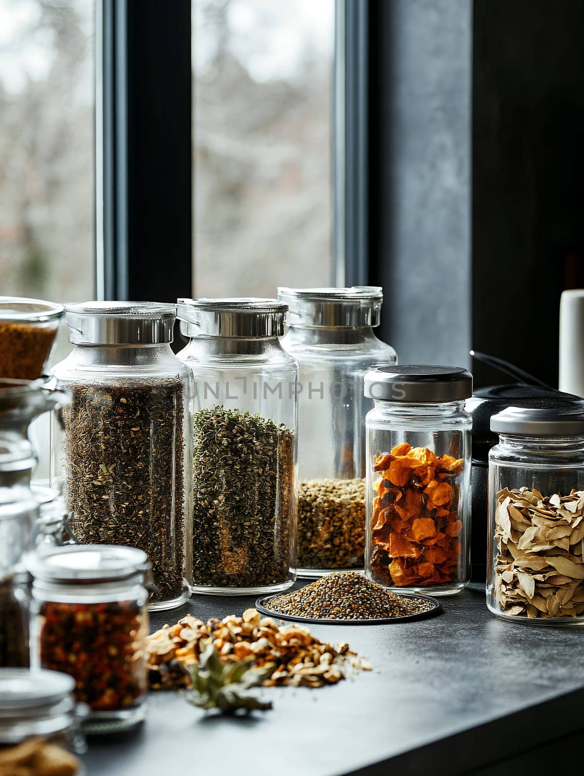 Assorted spices stored in glass jars by a window, reflecting a vibrant and aromatic culinary collection.