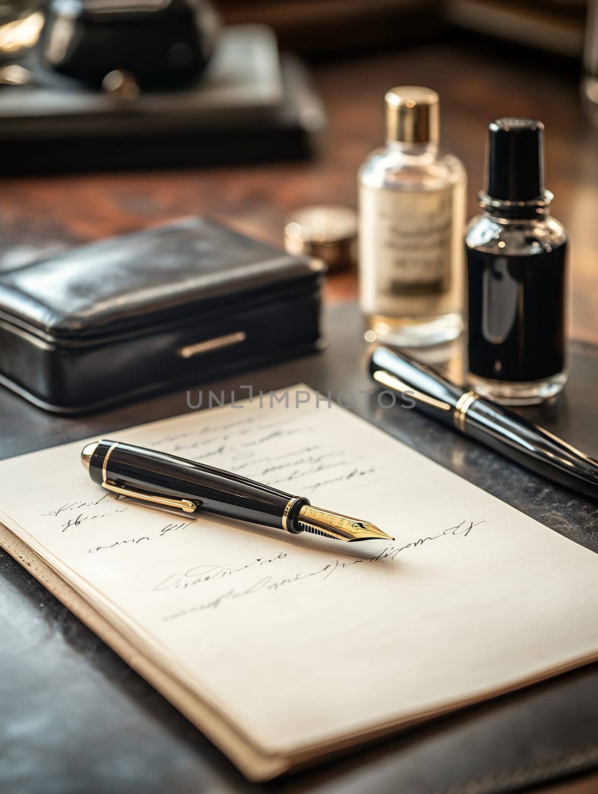 An elegant fountain pen rests on a desk alongside a leather wallet and ink bottles, suggesting sophistication.