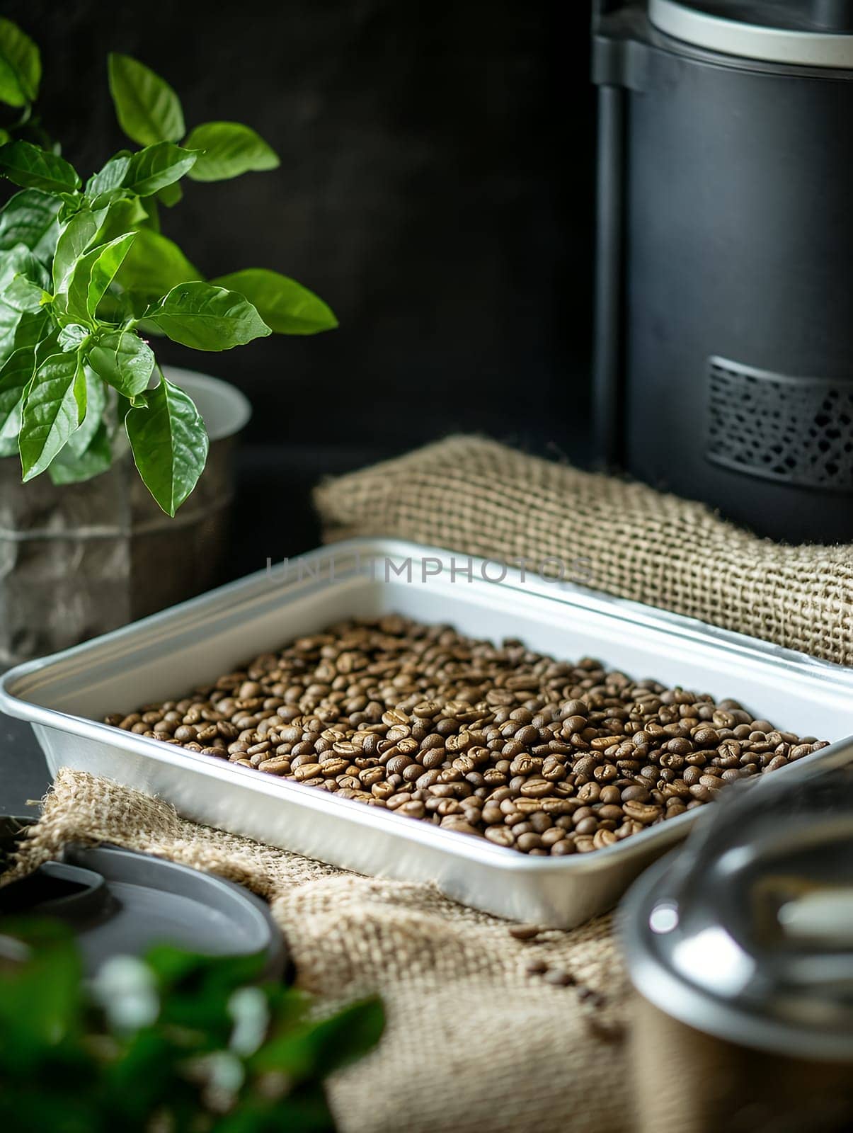 A tray filled with freshly roasted coffee beans, surrounded by green plants, illustrating a cozy coffee corner.