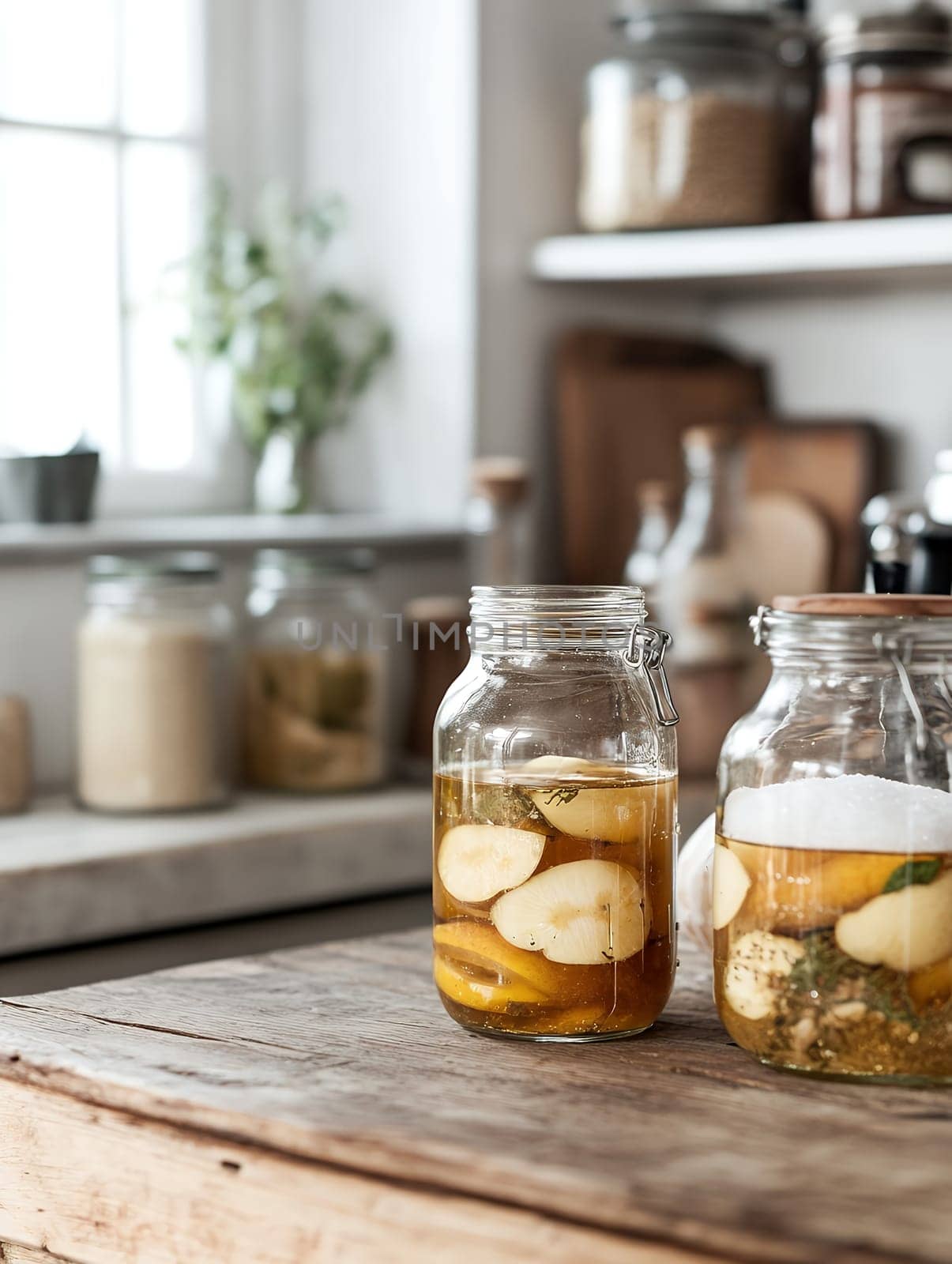 Two jars of homemade apple cider sit on a rustic wooden table, capturing the essence of natural fermentation in a cozy kitchen setting.
