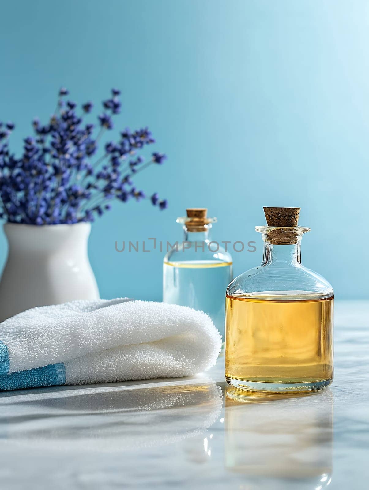 Lavender flowers with essential oils and a towel, perfect for a calming aromatherapy experience.