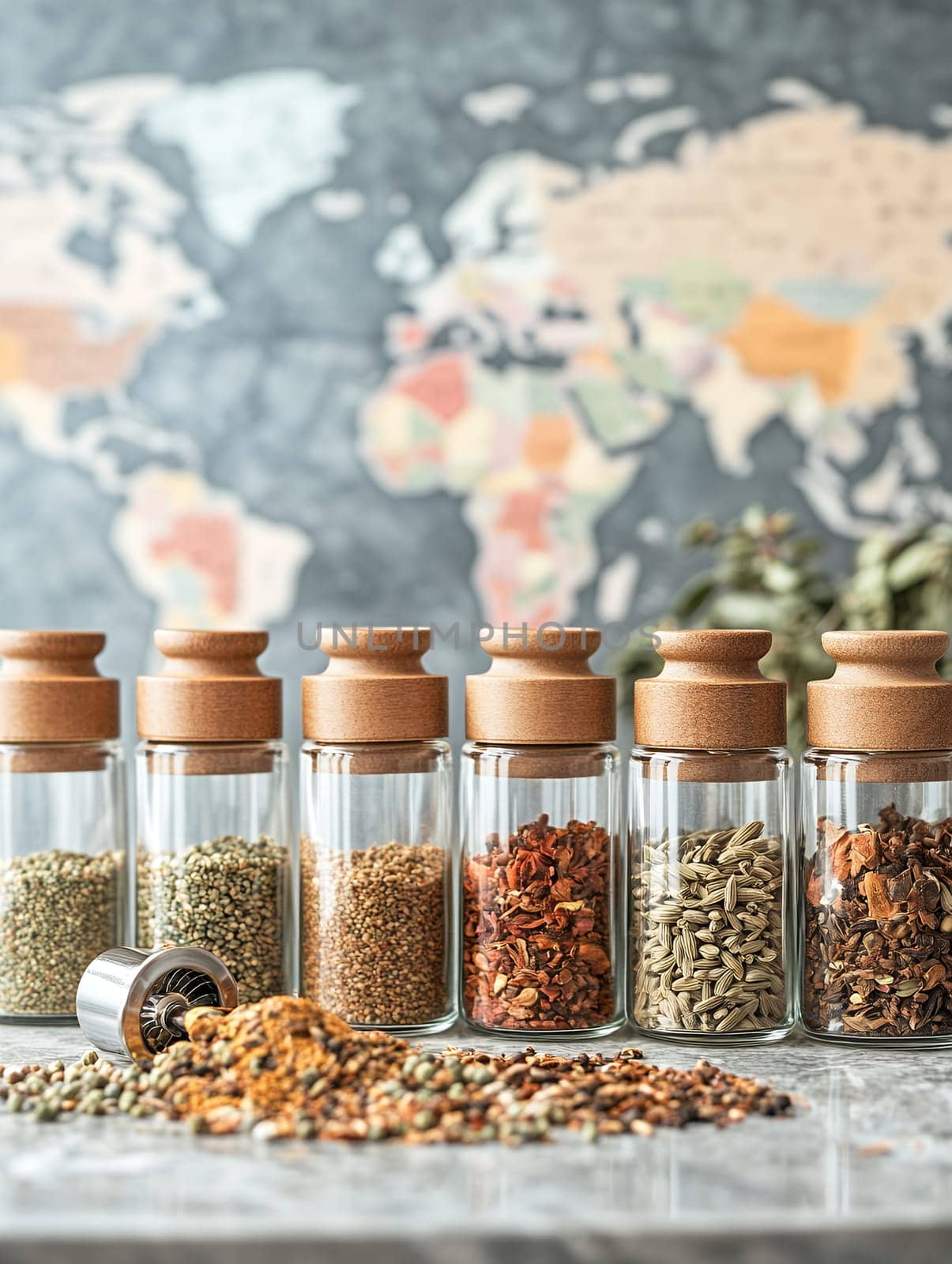 A variety of spices displayed in glass jars against a world map backdrop, highlighting the diversity of global culinary flavors.