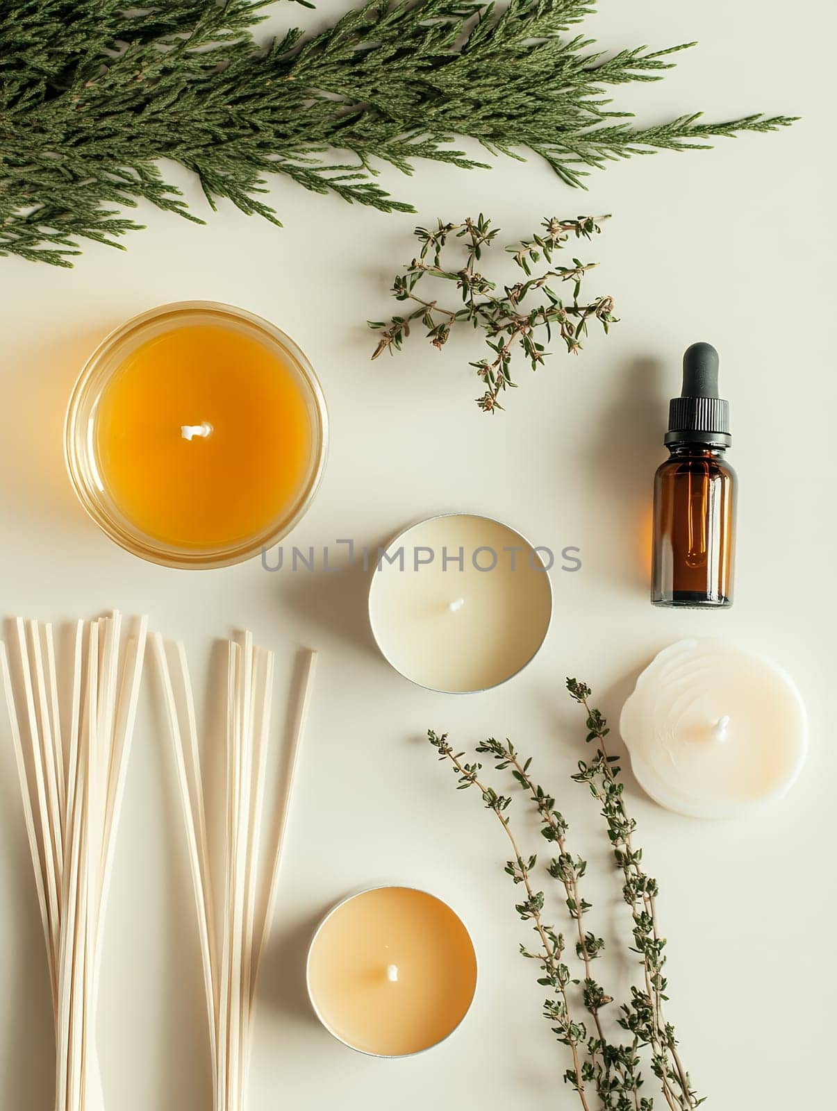 Top view of aromatherapy candles and essential oils with fresh herbs, perfect for relaxation and wellness themes.
