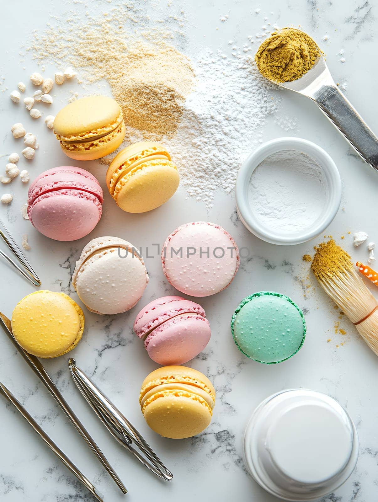 A variety of colorful macarons surrounded by baking ingredients, illustrating a delightful and vibrant culinary scene.