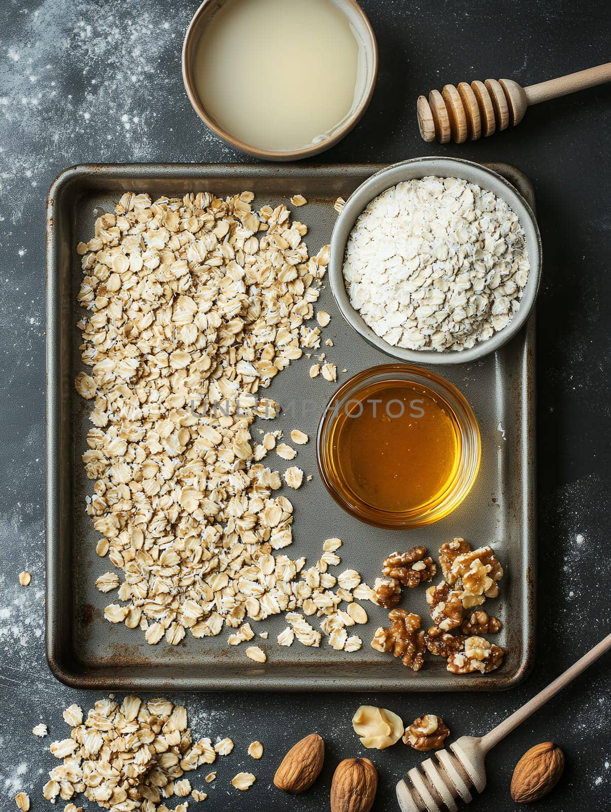 Overhead view of oatmeal, honey, and nuts on a baking tray for rustic baking and cooking themes.