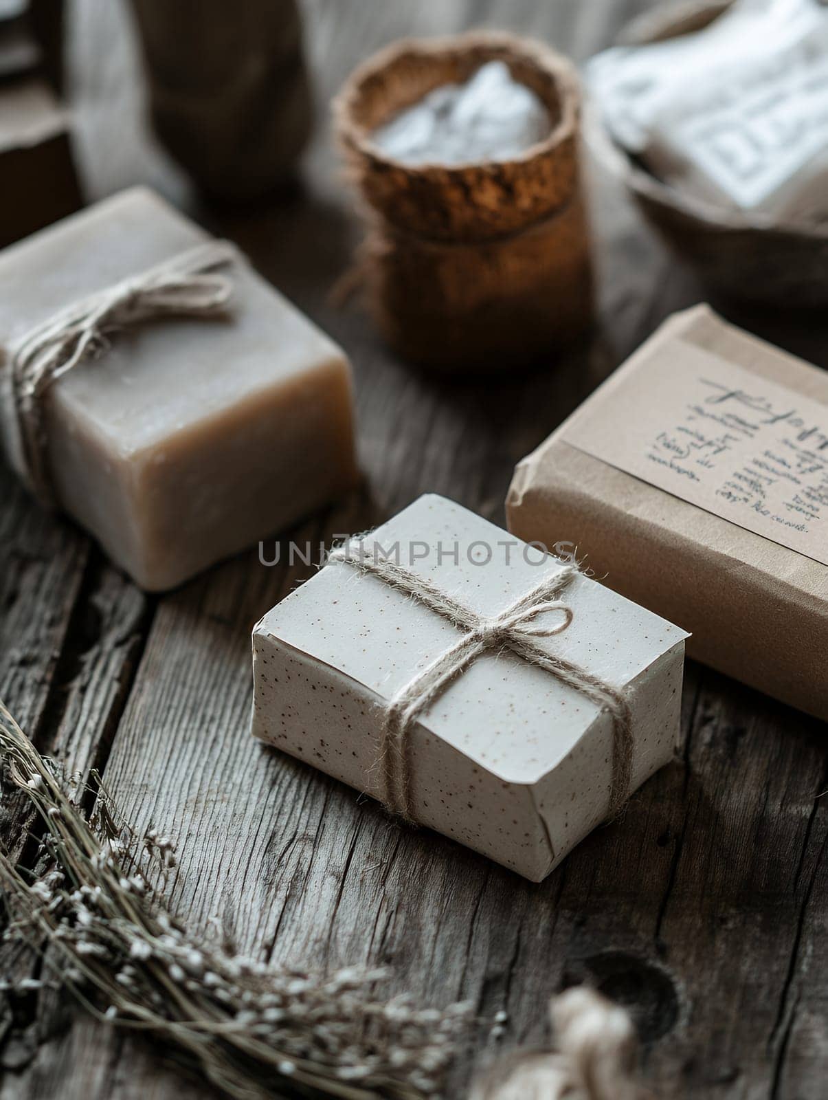 A set of eco-friendly soaps wrapped in natural packaging, presented on a rustic wooden table for a sustainable gift idea.