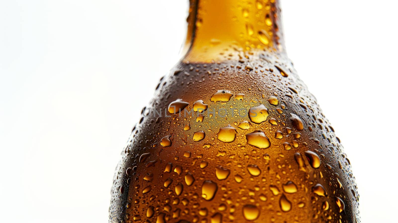 A close-up of a chilled beer bottle, covered in condensation droplets, isolated against a clean white background. This image captures the refreshing appeal of a cold beverage, perfect for showcasing the crisp and enticing qualities of a beer ready to be enjoyed.