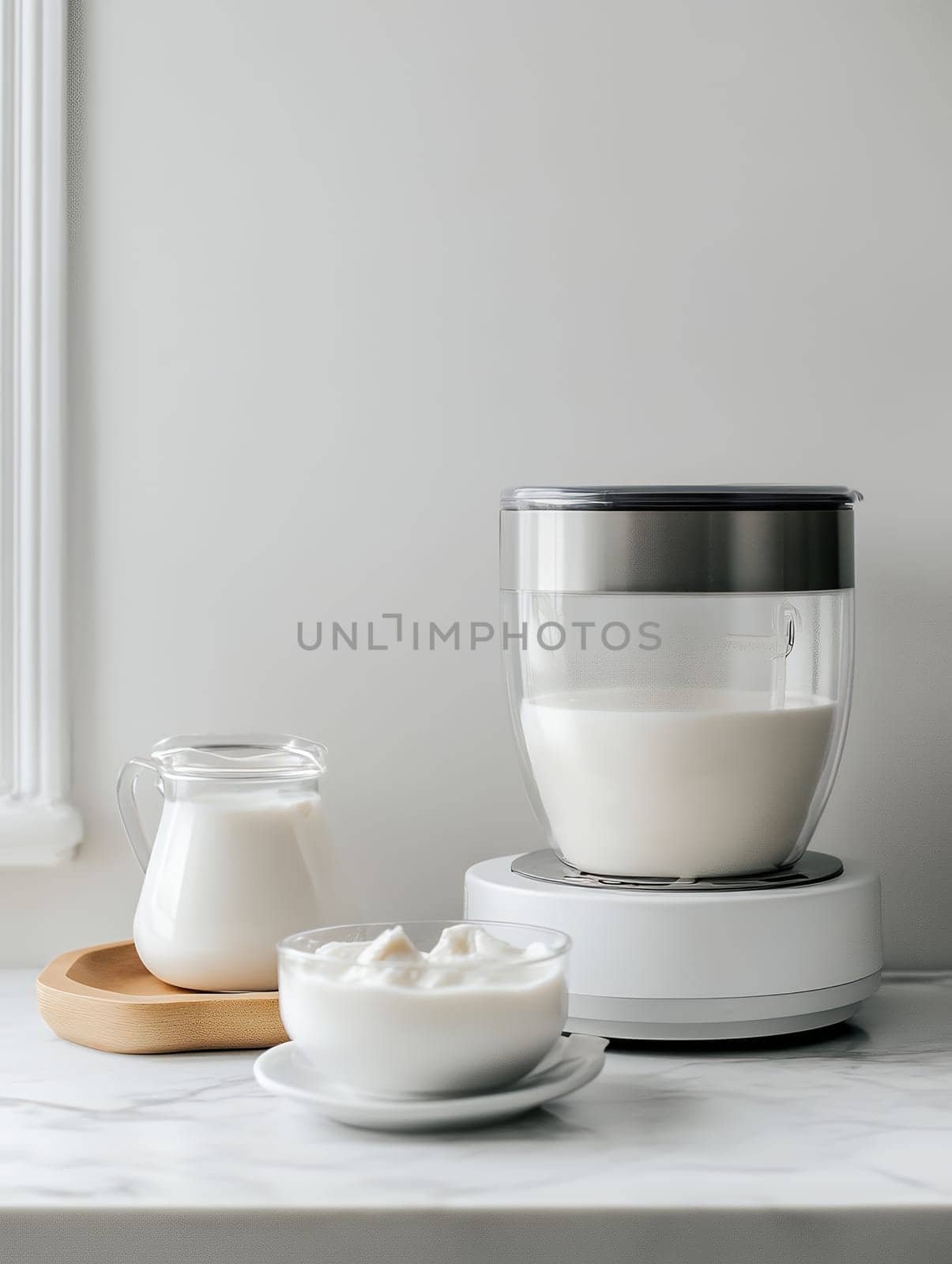 A modern yogurt maker with fresh dairy products, offering a minimalist design with copy space for text.