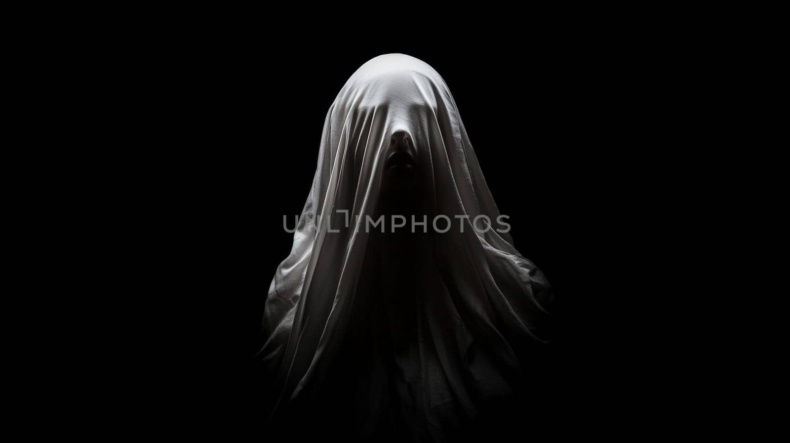 In a shadowed, dark space, the ethereal face of a ghostly, white-veiled woman emerges from the darkness, blindfolded with a white cloth, her figure partially illuminated from above. The cinematic, volumetric lighting reveals her face in striking detail as she appears to whisper into the void. This haunting scene captures an otherworldly essence, with intense realism and high detail, showcasing a ghostly presence in a surreal, atmospheric composition.