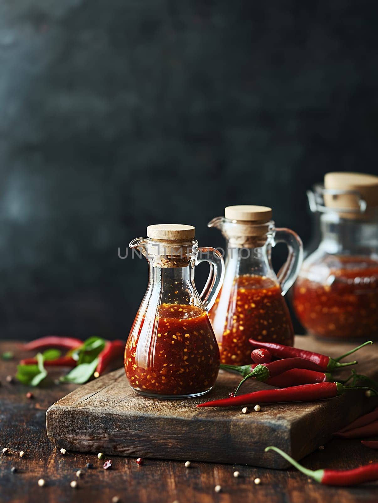 Bottles of spicy sauce with red chilies arranged on a wooden board, perfect for adding heat to any dish.