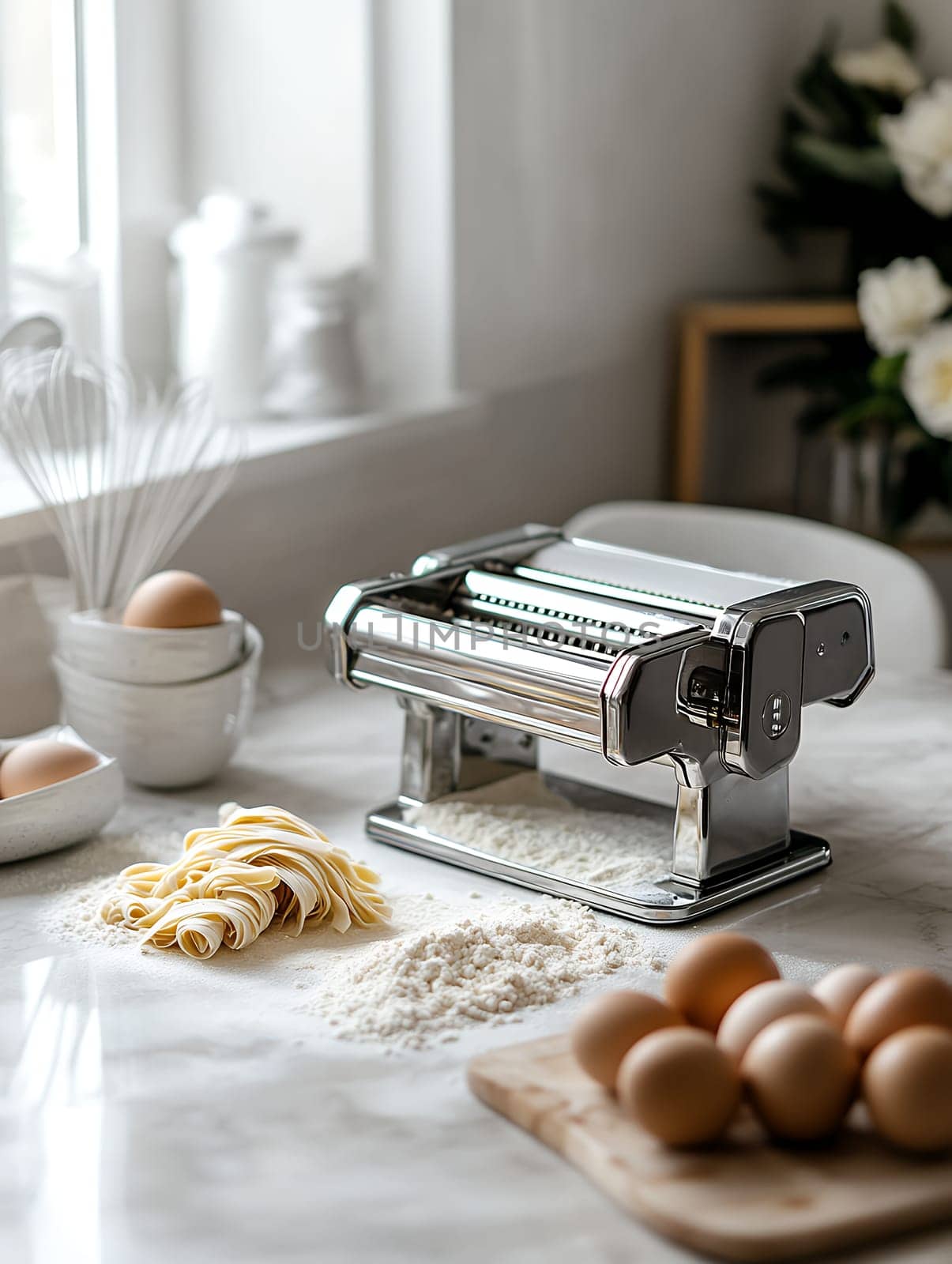 Fresh pasta dough and a pasta machine on a marble countertop, illustrating the art of homemade pasta making in a bright kitchen.