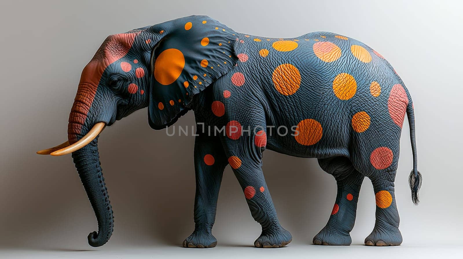 A captivating photoshoot featuring a real elephant adorned with vibrant, colored spots against a clean white background. This unique image showcases the elephant’s natural beauty combined with artistic, colorful accents, creating a playful yet majestic effect.