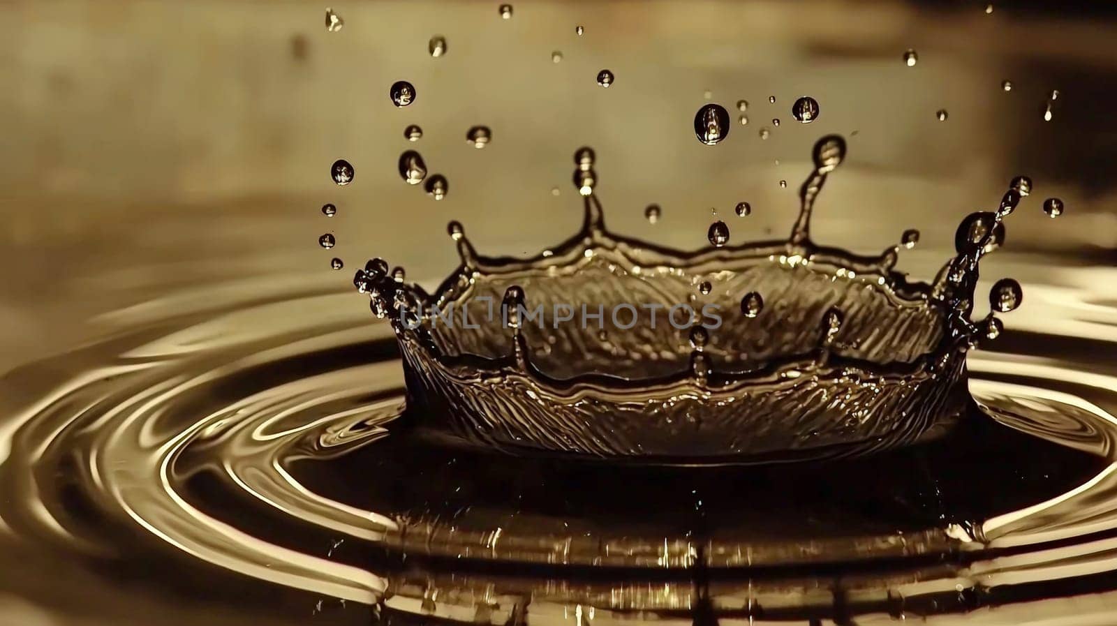 A stunning slow-motion close-up capturing a single raindrop's impact on a reflective surface. The droplet bursts into a perfect crown, sending smaller droplets into the air as ripples expand outward in precise, concentric circles. Light refracts through the water, highlighting intricate splash details in mesmerizing clarity.