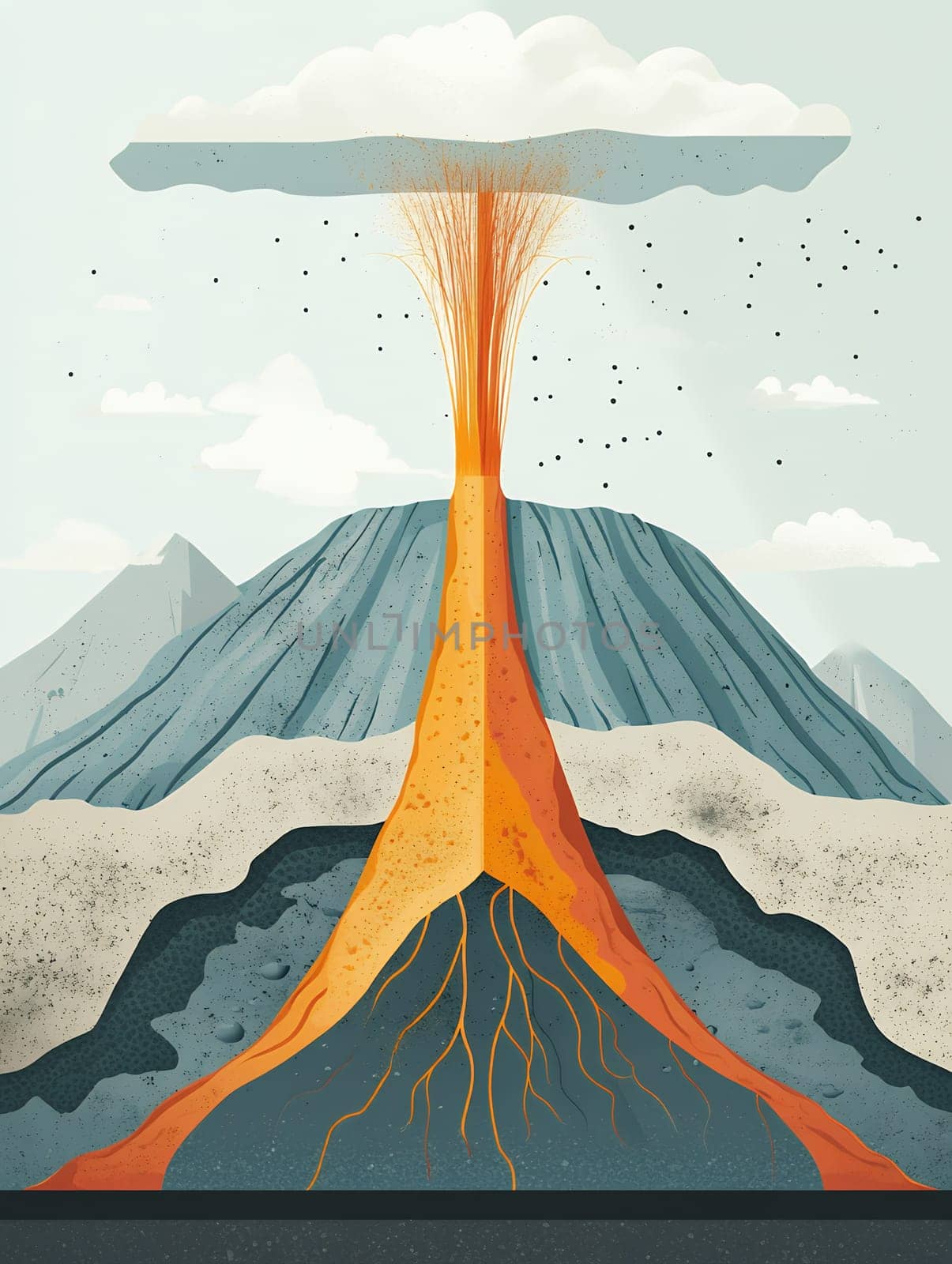 Educational illustration showing volcano cross section with magma chamber and lava flow in vintage style against cloudy sky background.