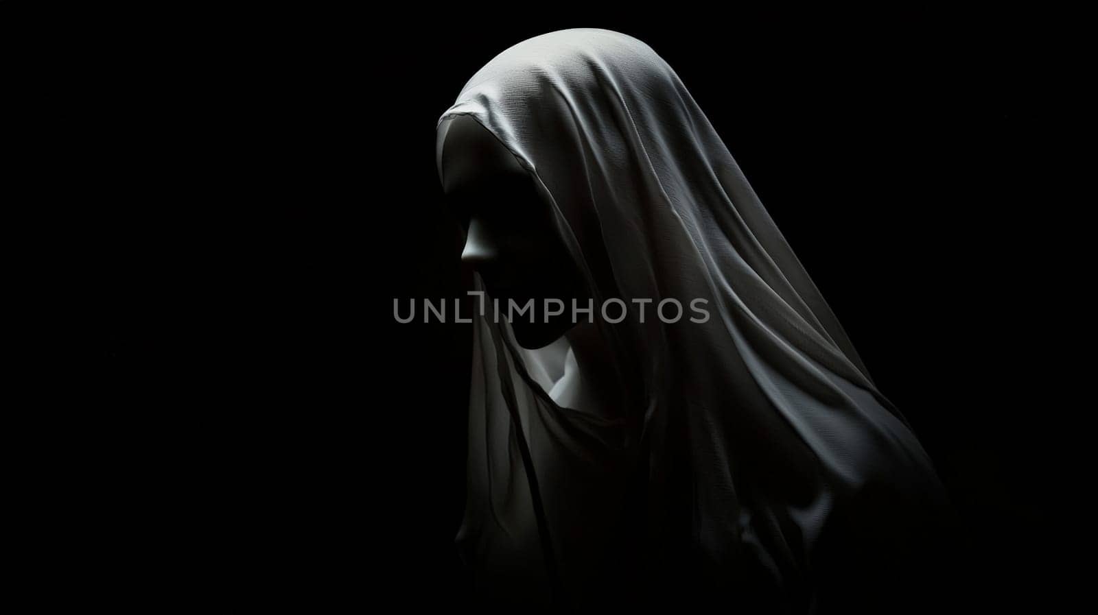In a shadowed, dark space, the ethereal face of a ghostly, white-veiled woman emerges from the darkness, blindfolded with a white cloth, her figure partially illuminated from above. The cinematic, volumetric lighting reveals her face in striking detail as she appears to whisper into the void. This haunting scene captures an otherworldly essence, with intense realism and high detail, showcasing a ghostly presence in a surreal, atmospheric composition.