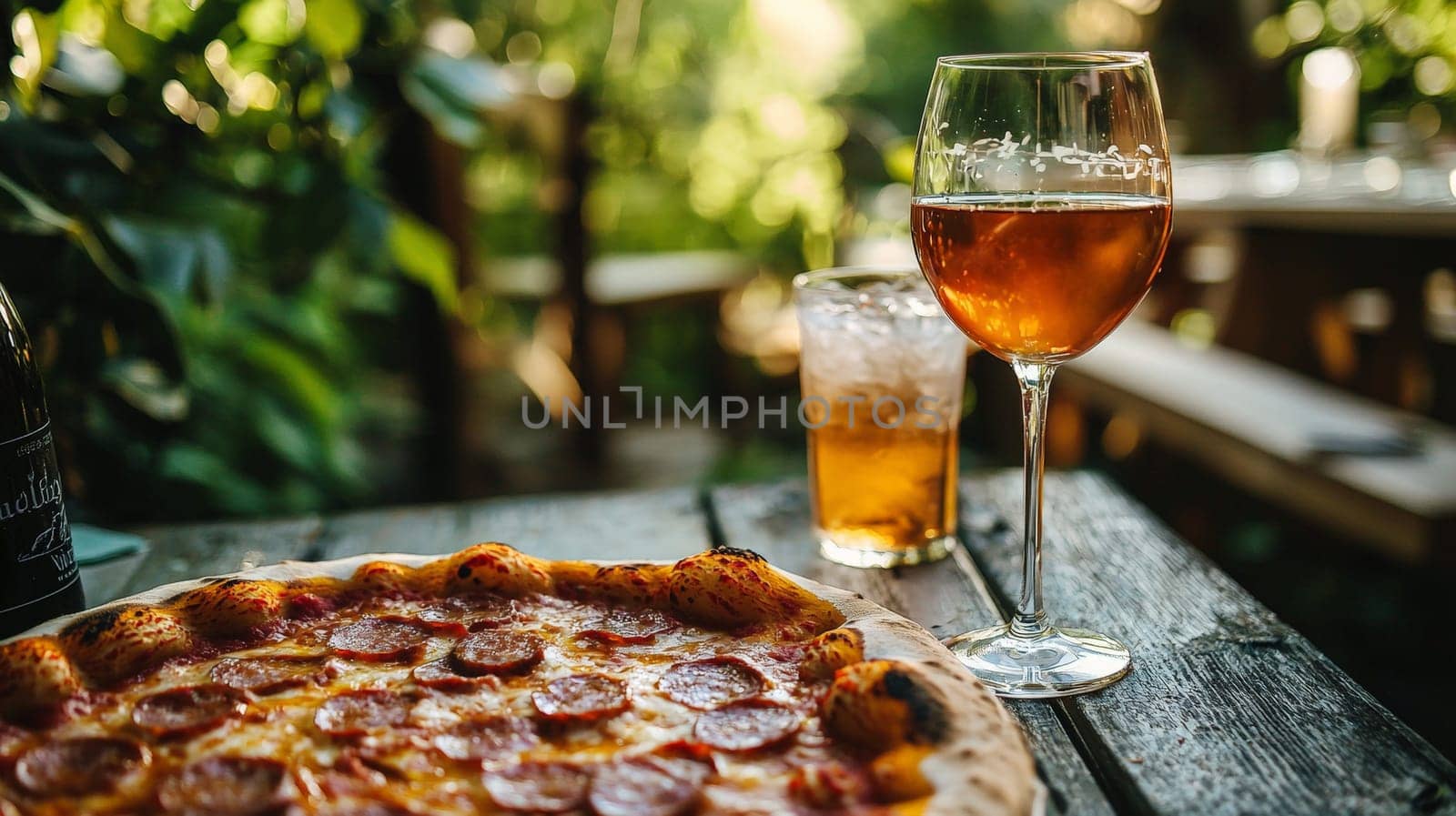 A mouthwatering pizza topped with melted cheese and savory sausage sits on a table next to a chilled drink in a glass. The scene captures the warmth and simplicity of a classic meal, perfect for any pizza lover.