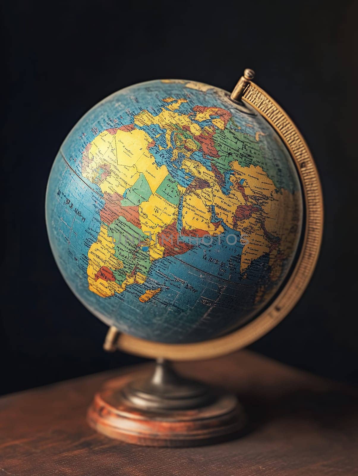 Antique world globe with brass stand on wooden surface against dark background, displaying colorful political map with copy space.