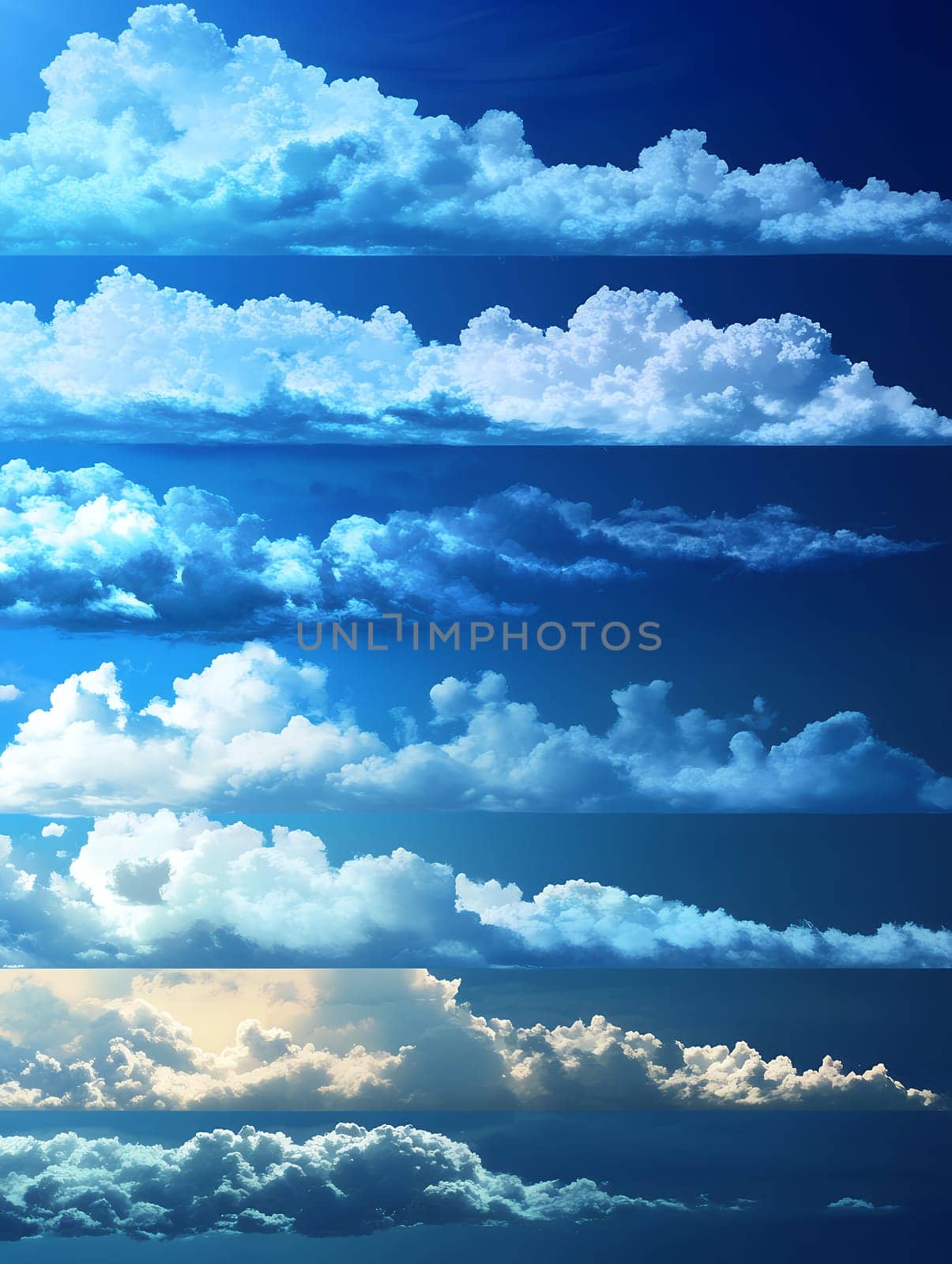 A captivating series of diverse cloud formations against a clear blue sky, depicting weather variations.
