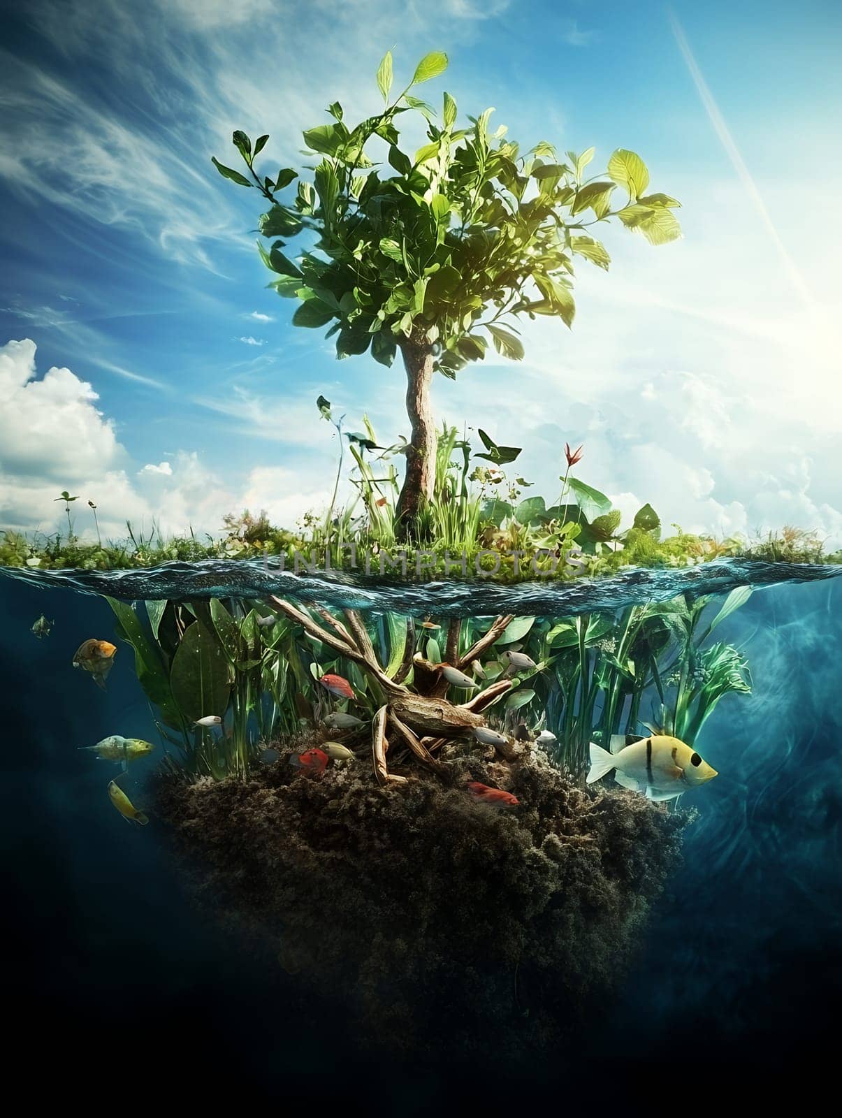 Split view of tree growing on small island with underwater ecosystem, tropical fish swimming among roots and aquatic plants in crystal clear water.