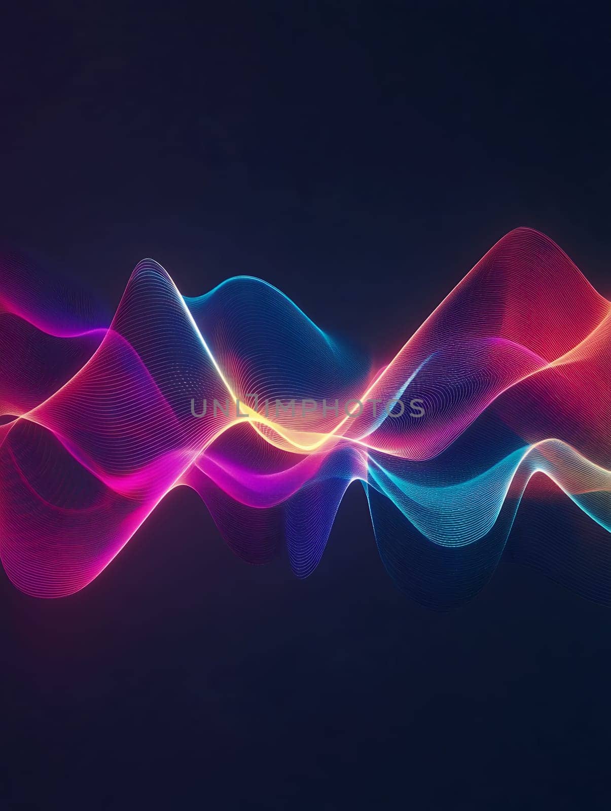 Colorful abstract digital waves with neon colors flowing on dark background, modern design element with vibrant pink, blue and purple gradients.