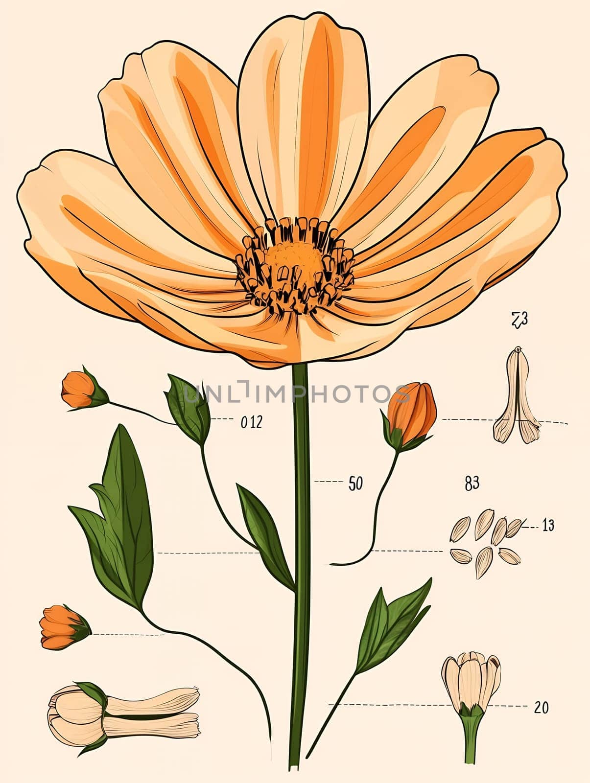 Vintage style botanical illustration of orange flower with detailed plant anatomy showing seeds, stems and buds with scientific labels.
