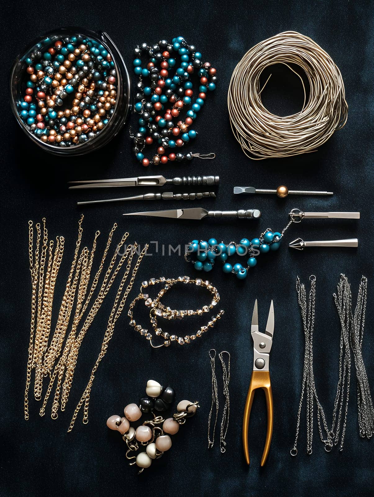 A collection of colorful beads and tools arranged for jewelry making, showcasing creativity and craftsmanship.