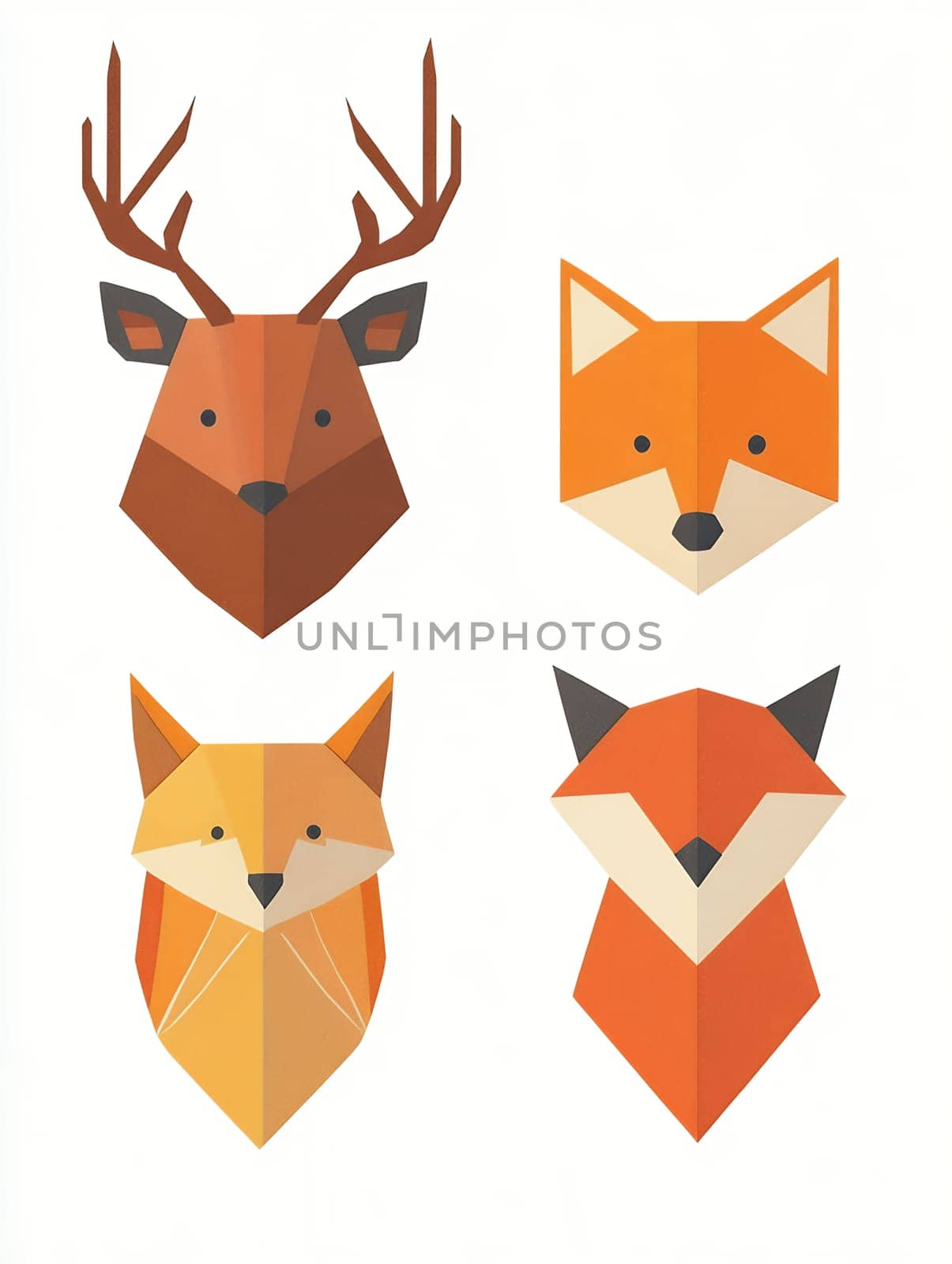 Collection of geometric woodland animals including deer and foxes in minimal polygon style, modern origami-inspired design on white background.