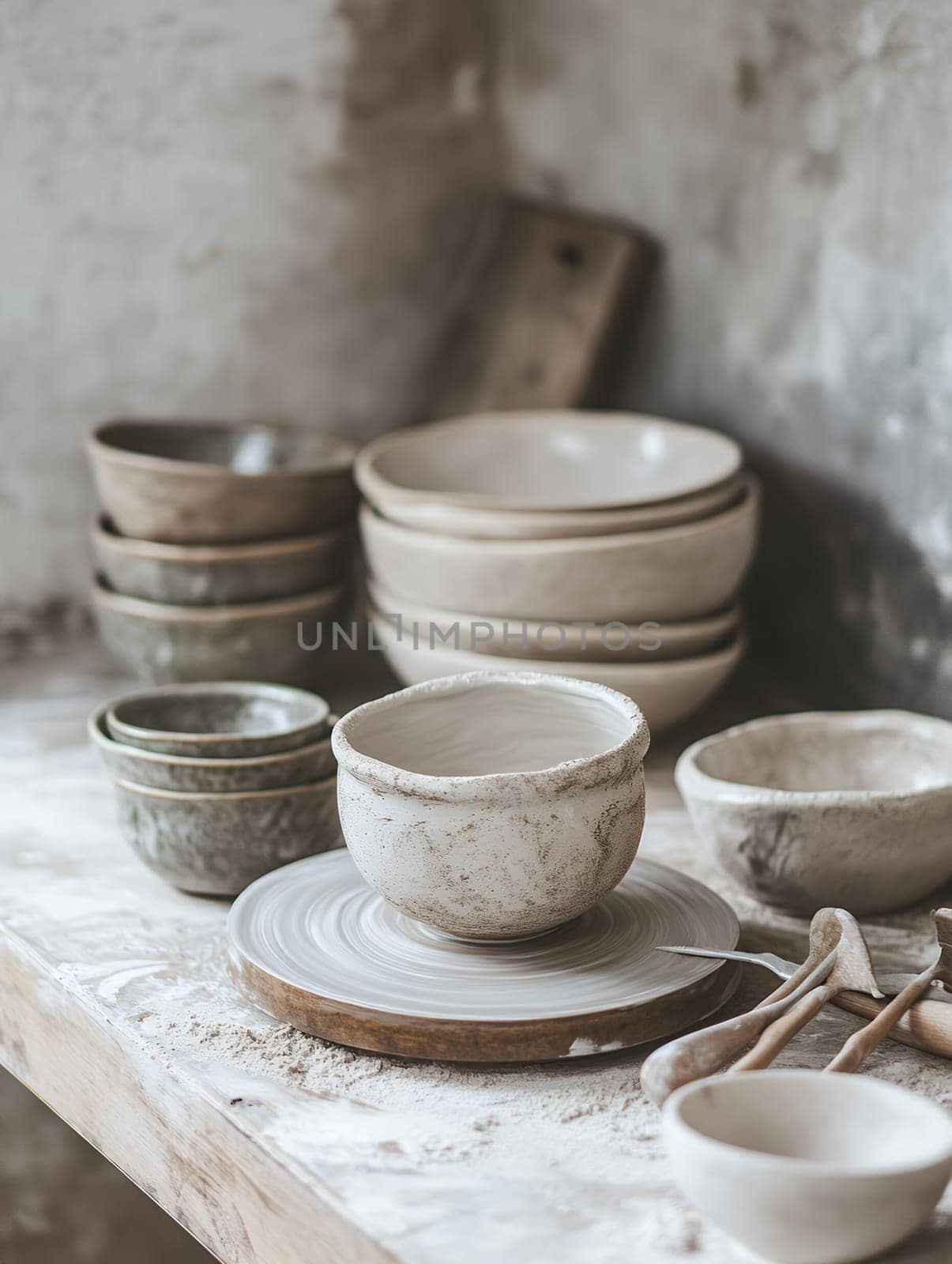 Handmade pottery bowls with clay tools in a rustic setting, perfect for artistic and craft themes.