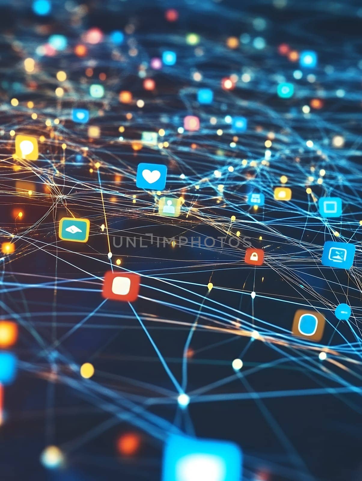 A dynamic digital network with interconnected social media icons, illustrating online communication and connectivity.