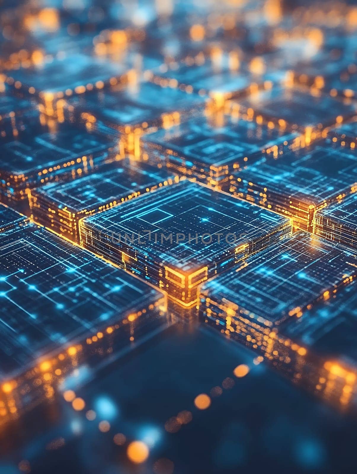 Abstract technological background with glowing circuit patterns in blue and orange, artificial intelligence and digital transformation concept.