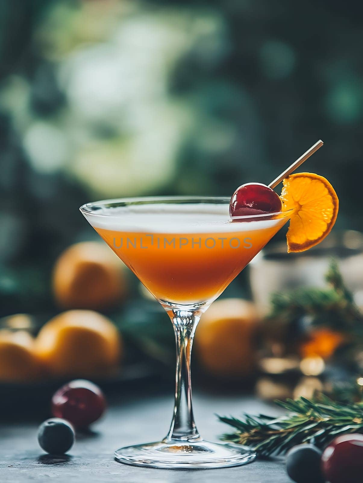 Elegant martini glass filled with orange cocktail garnished with fresh cherry and orange slice, festive drink styling with seasonal fruits.