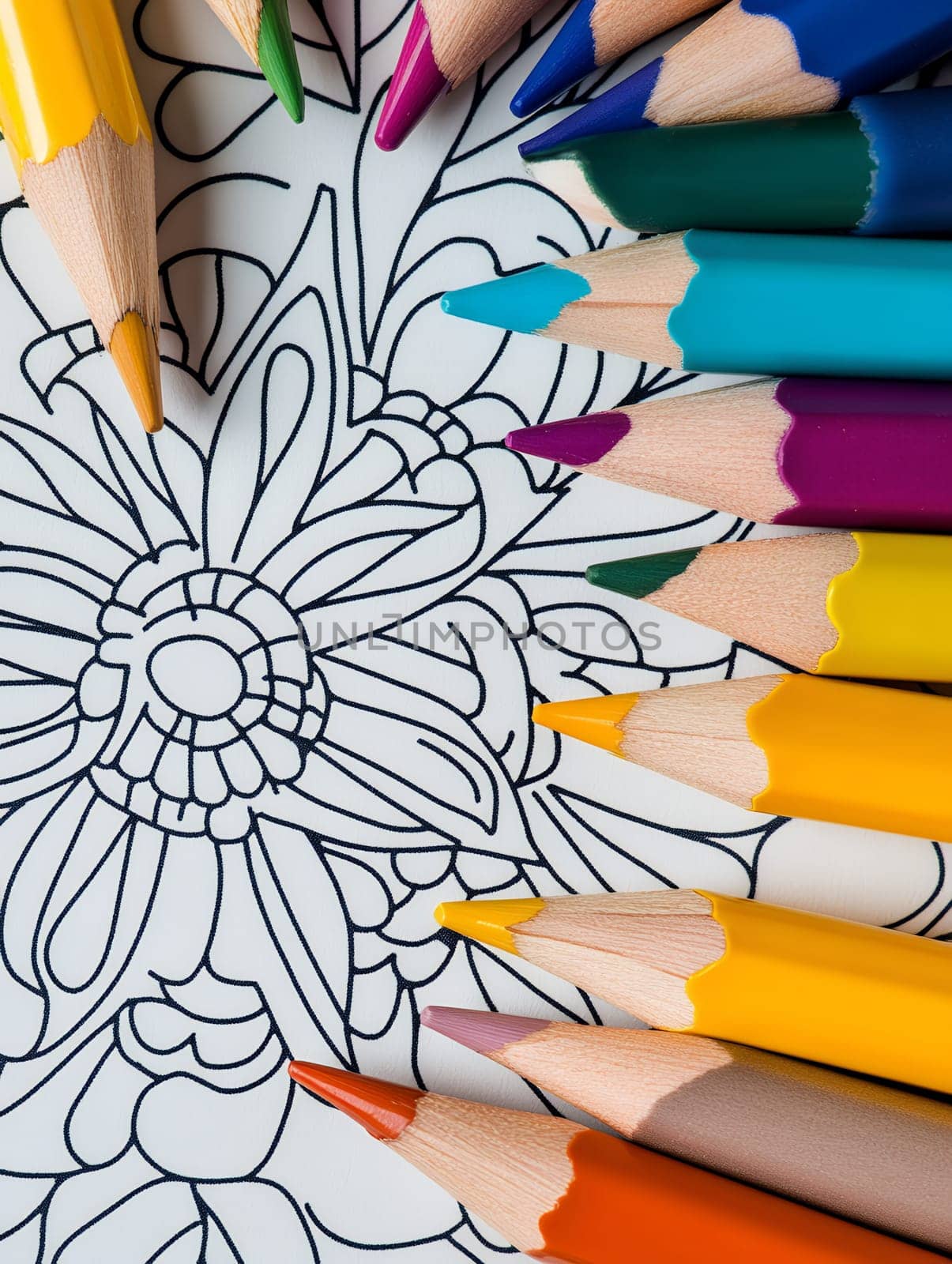 Close-up of colorful pencils on a mandala coloring page, perfect for art and relaxation themes.