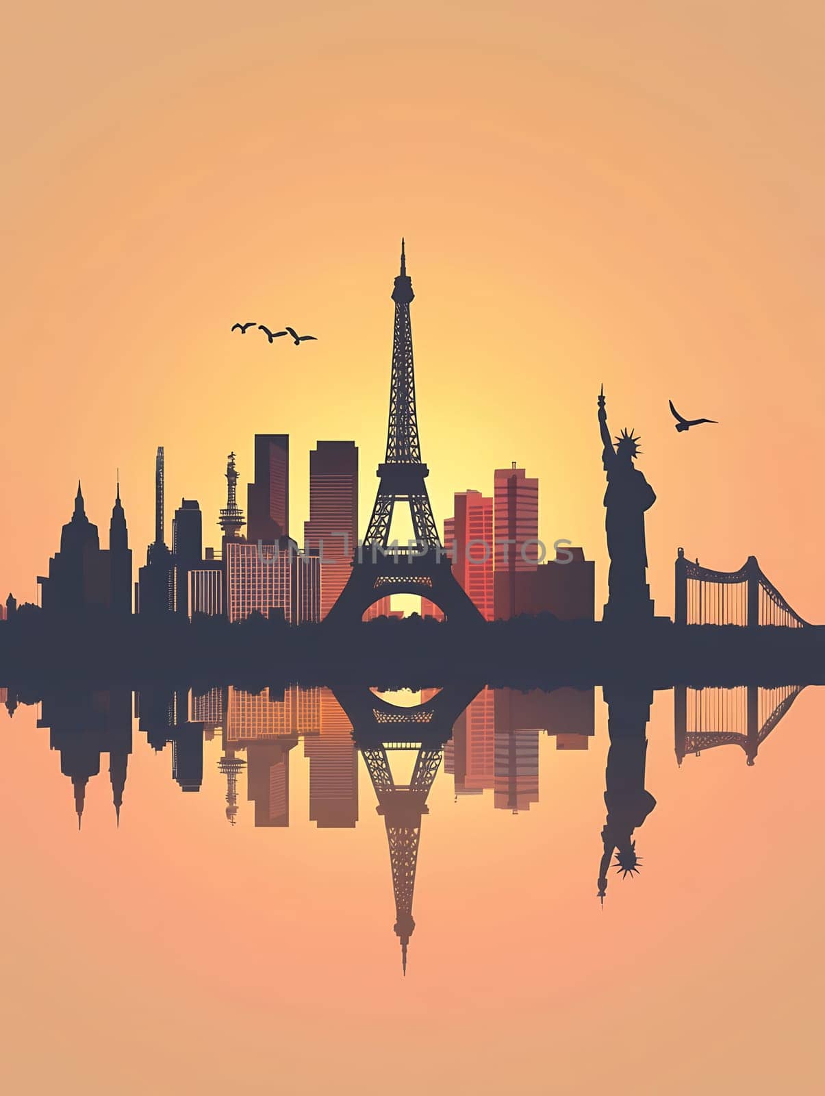 City skyline silhouette combining iconic landmarks of Paris and New York with reflection at sunset, featuring Eiffel Tower and Statue of Liberty.
